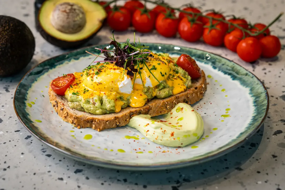 Two poached eggs under yellow hollandaise on smashed avocado and seeded sourdough, with microgreens, roast tomato and a green cream quenelle