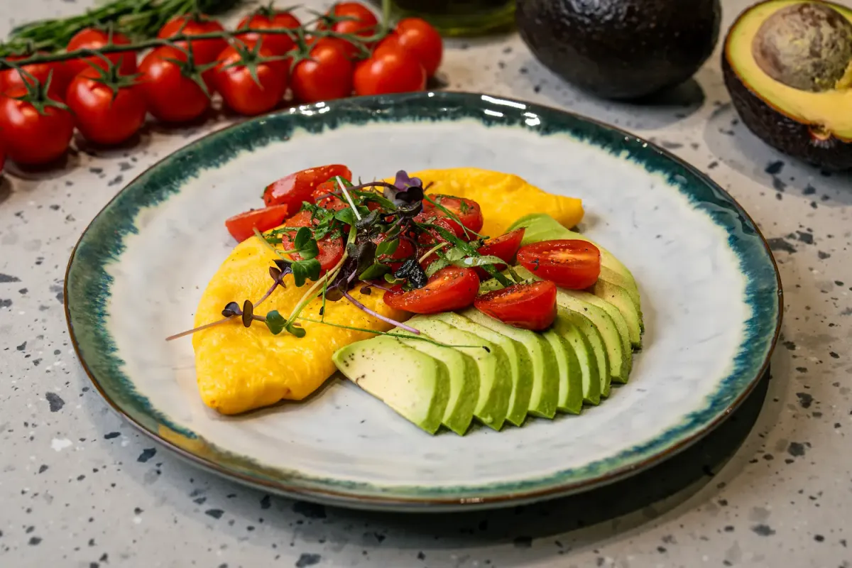 Folded yellow omelette on a plate beside fanned avocado slices and quartered cherry tomatoes, with micro herbs and cracked black pepper