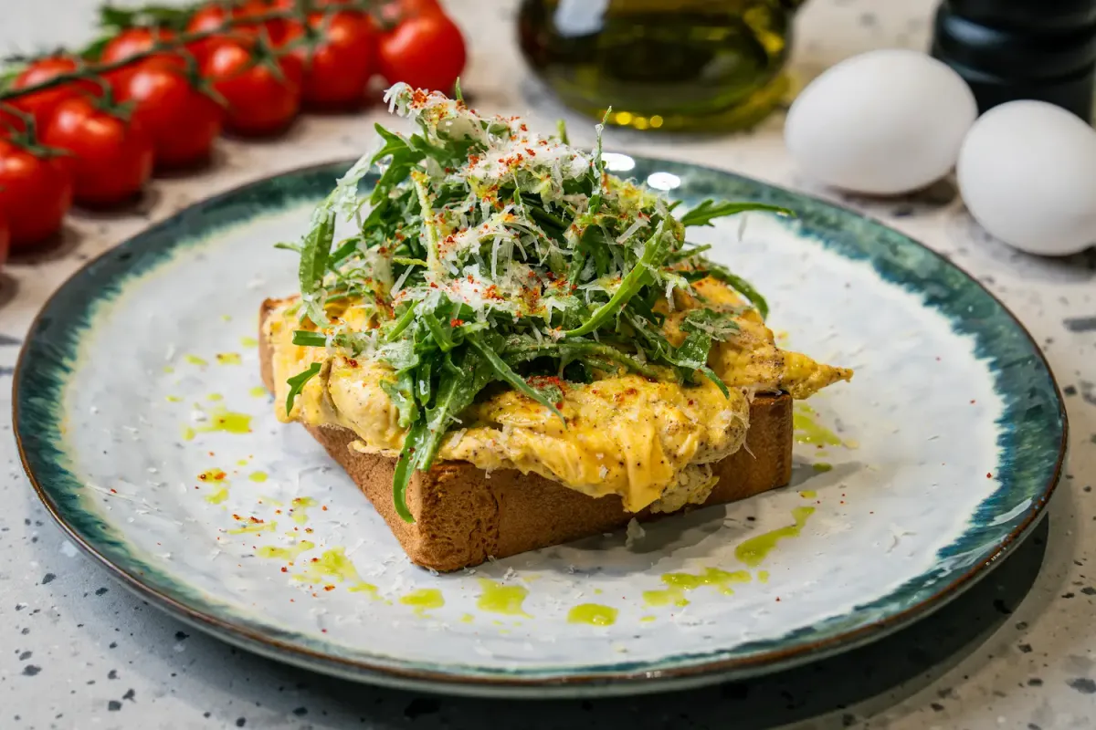 Thick slice of toasted brioche under soft scrambled eggs, topped with a tangle of rocket, shaved parmesan, chilli dust and oil droplets
