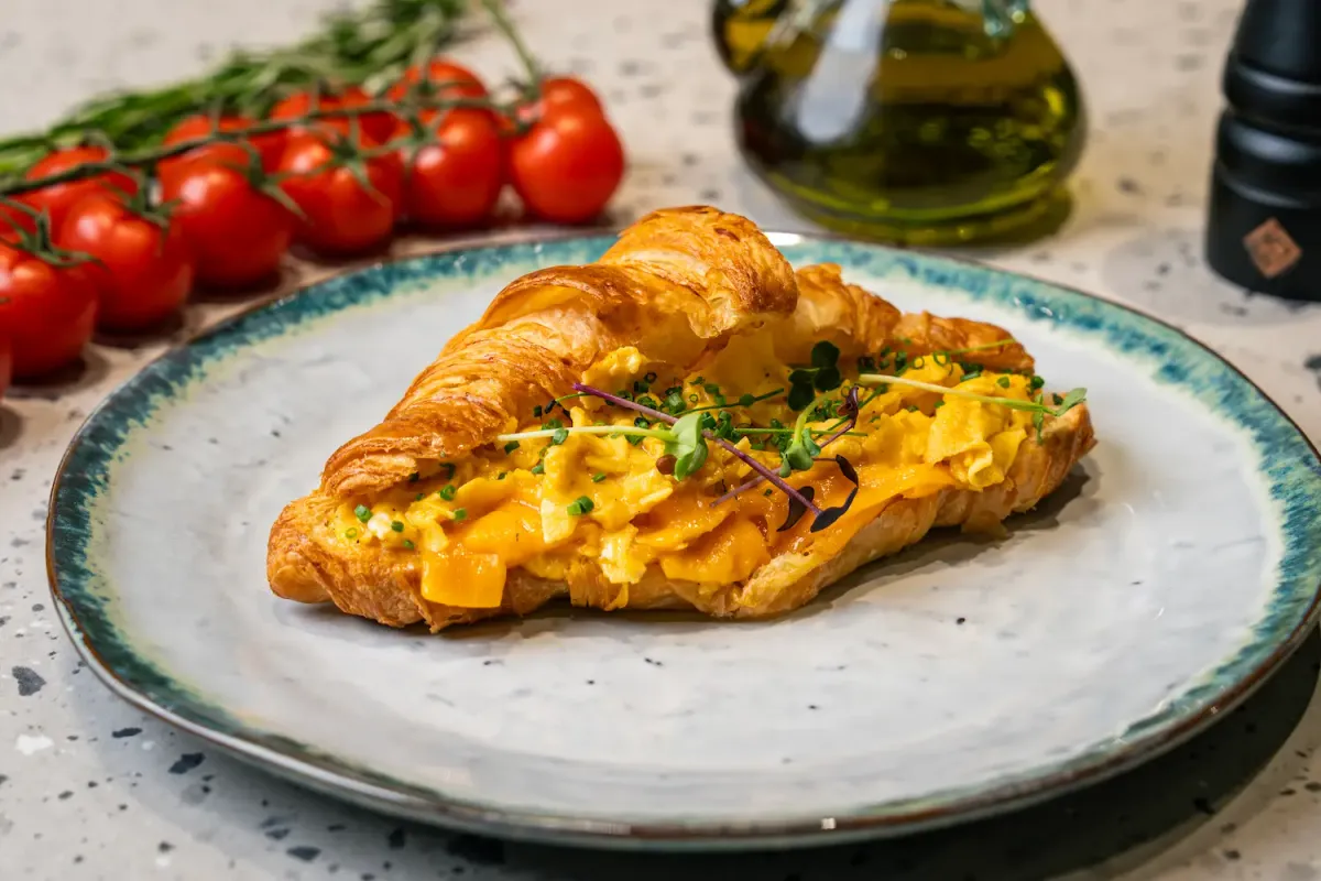 Croissant split open and pressed flat, filled with soft scrambled egg and melted cheddar, scattered with chives and microherbs