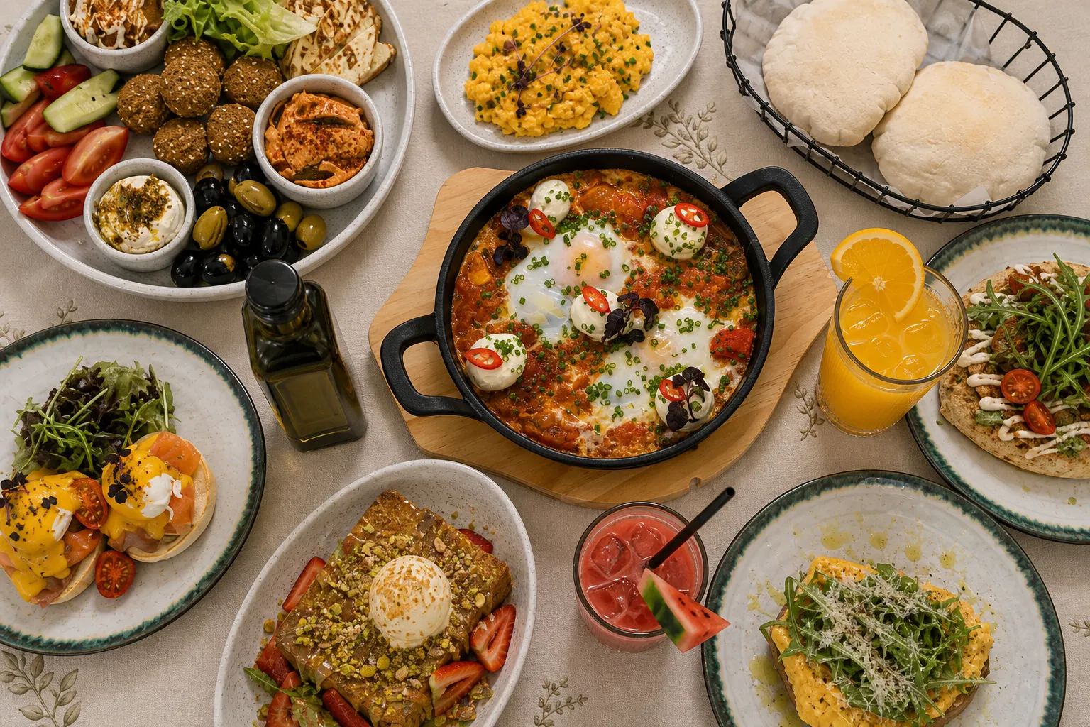 Shakshuka, warm flatbread, falafel and fresh juice gathered around the Olive & Thyme breakfast table