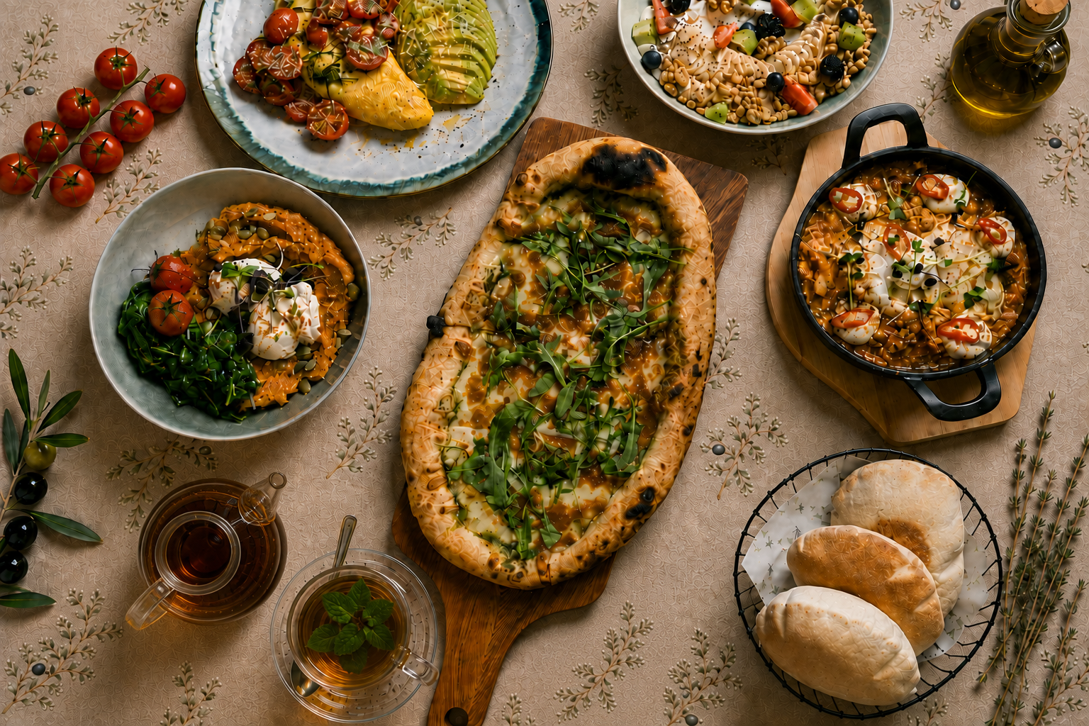 An overhead table spread with a golden flatbread, eggs, avocado, fresh bread and tea on a patterned tablecloth.