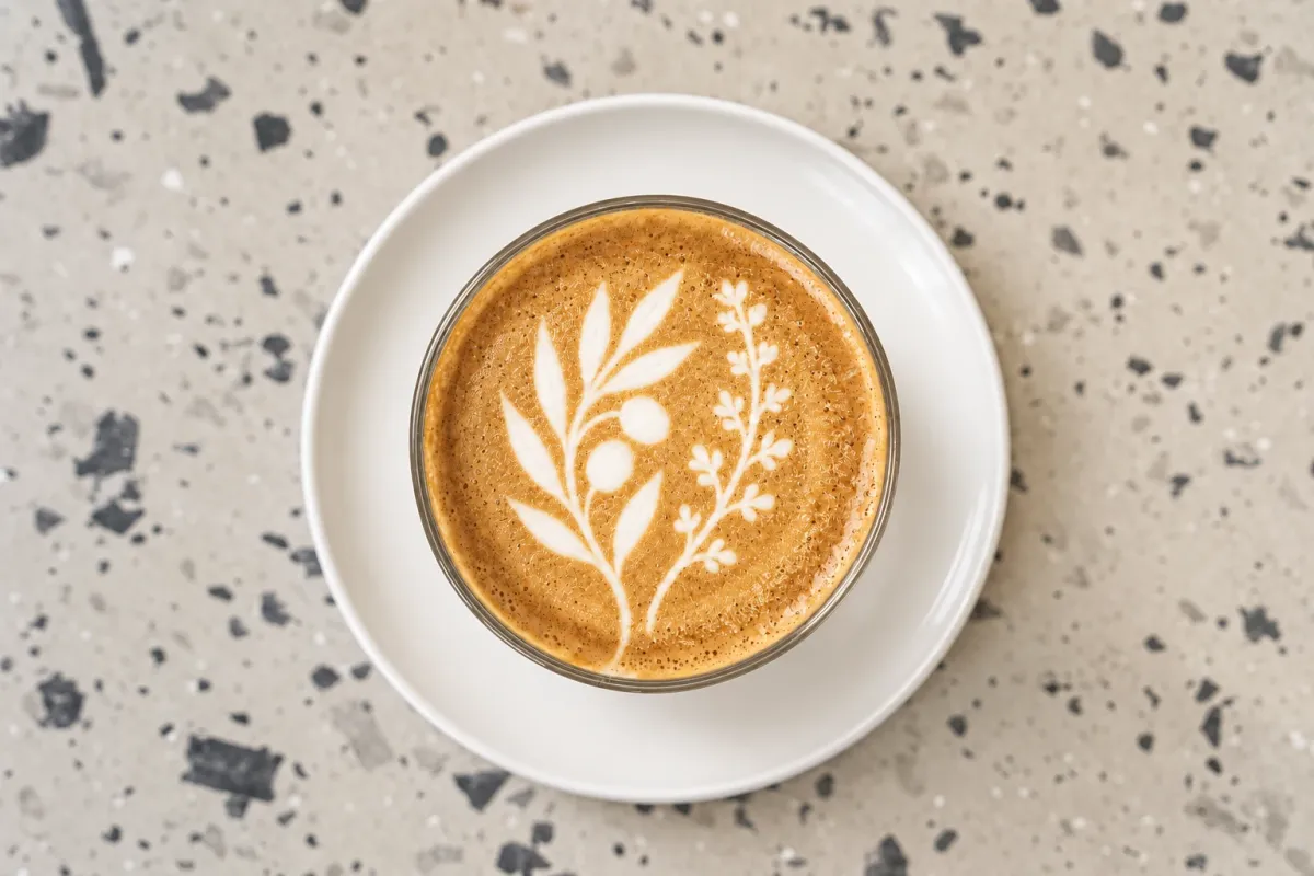 Coffee viewed from above with olive and thyme branches in the milk foam, served in a clear glass on a white saucer and pale terrazzo table