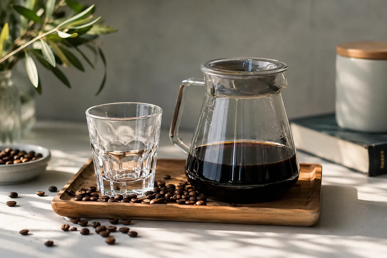Glass carafe of black filter coffee beside an empty tumbler on a wooden tray, roasted beans scattered around, olive sprigs behind