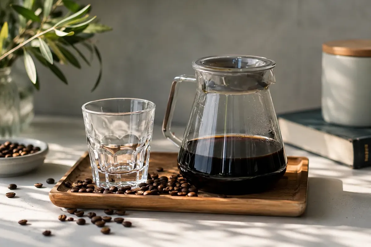 Glass carafe of black filter coffee beside an empty tumbler on a wooden tray, roasted beans scattered around, olive sprigs behind